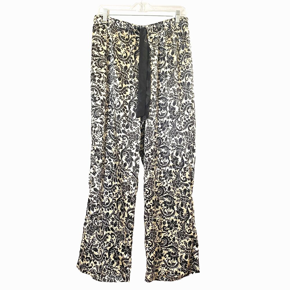Soft Moments Satin Floral Gothic Pajama Pants Womens 14/16 Black Off White Print